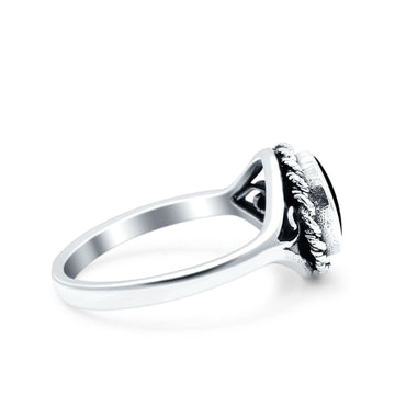 Filigree Petite Dainty Lab Opal Ring Solid Round Oxidized Simulated Black Onyx 925 Sterling Silver